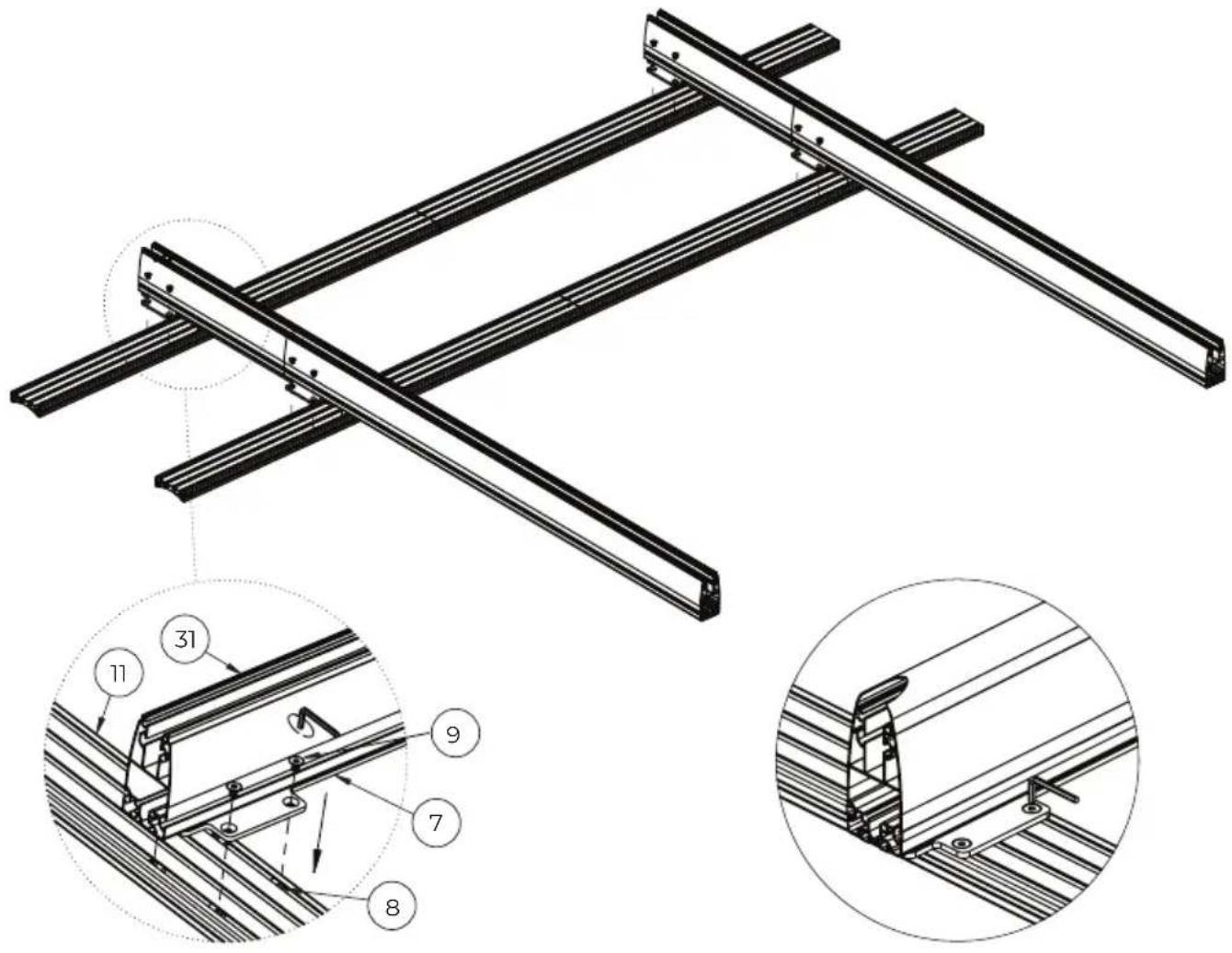 Technical diagram of a structural frame assembly with numbered components and cross-sectional views