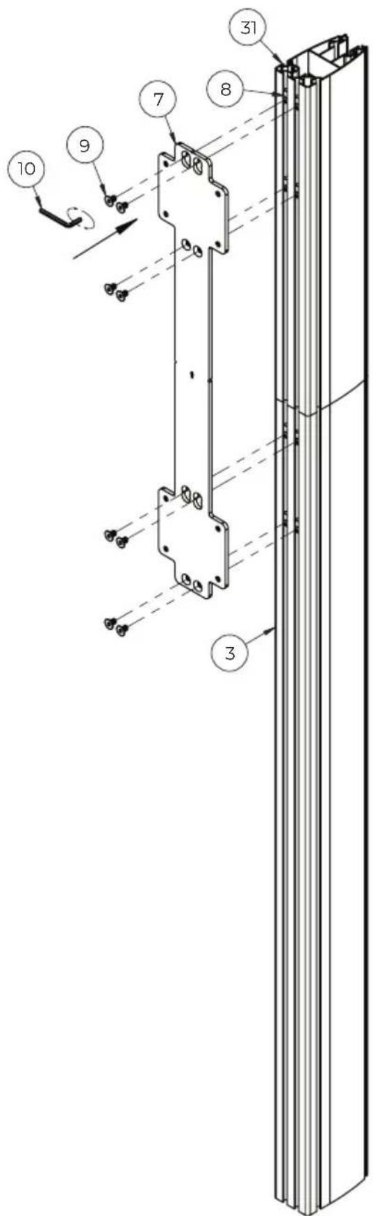 Technical diagram of a vertical structural assembly with numbered components and dashed alignment lines