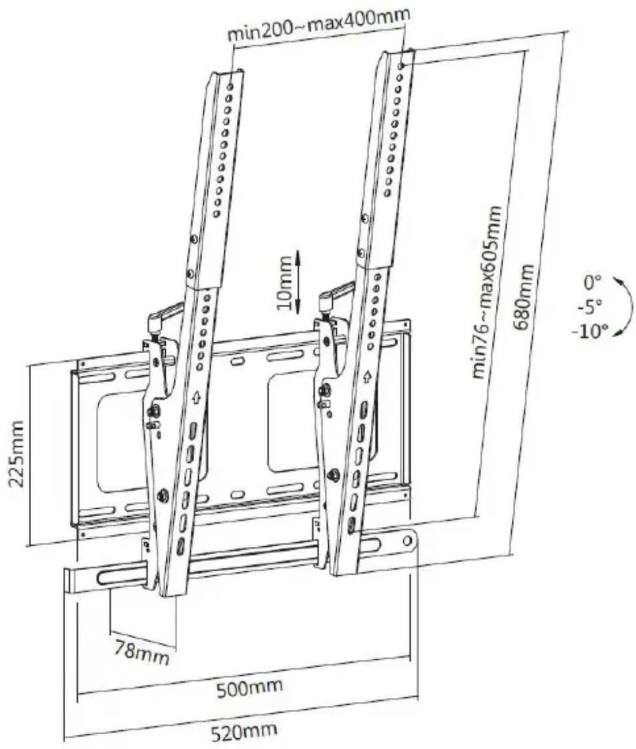 min200~max400mm 10mm 225mm 78mm 500mm 520mm 680mm min76~max605mm 0° -5° -10°