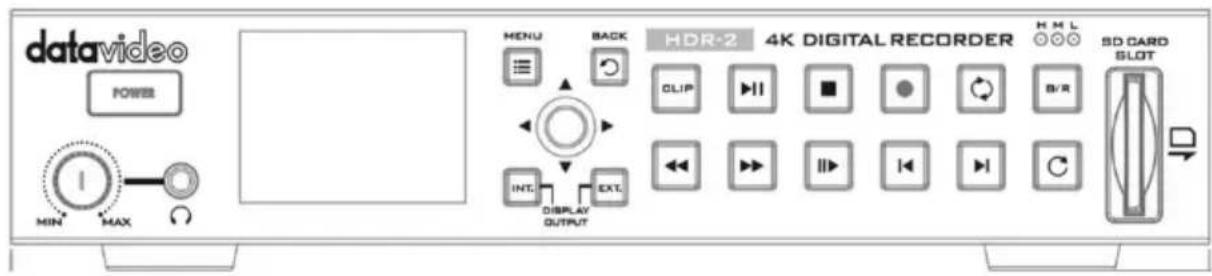 datavideo POWER MIN MAX MENU BACK HDR-2 4K DIGITAL RECORDER HML SD CARD CLIP B/R INT. DISPLAY EXT. OUTPUT
