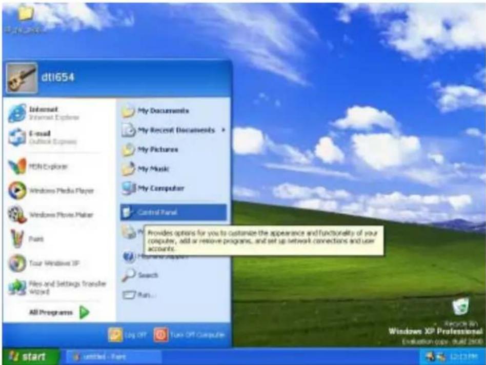 dt1654 Internet Internet Explorer E-mail Outlook Express HDI Explorer Windows Media Player Windows Movie Maker Paint Tour Windows XP Files and Settings Transfer Wizard All Programs My Documents My Recent Documents > My Pictures My Music My Computer Control Panel Provides options for you to customize the appearance and functionality of your computer, add or remove programs, and set up network connections and user accounts. My Home Viewer Search Run... Log OFF Turn-Off Computer Start untitled - Part Recycle in Windows XP Professional Evaluation (copy, built 2000) 12:13 PM