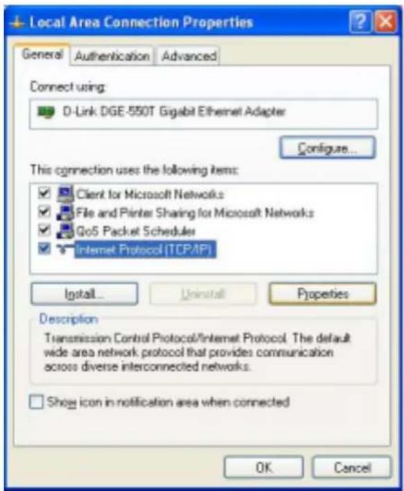 Local Area Connection Properties General Authentication Advanced Connect using: D-Link DGE-550T Gigabit Ethernet Adapter Configure... This connection uses the following items: Client for Microsoft Networks File and Printer Sharing for Microsoft Networks Go5 Packet Schedules Internet Protocol (TCP/IP) Install... Uninstall Properties Description Transmission Control Protocol/Internet Protocol The default wide area network protocol that provides communication across diverse interconnected networks. Show icon in notification area when connected OK Cancel