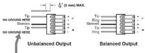 Tip NO GROUND HERE Sleeves Tip NO GROUND HERE 3" (5 mm) MAX. Unbalanced Output Balanced Output