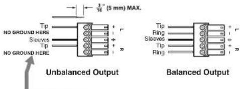 3" (5 mm) MAX. Tip NO GROUND HERE Sleeves Tip NO GROUND HERE Unbalanced Output Tip Ring Sleeves Tip Ring Balanced Output