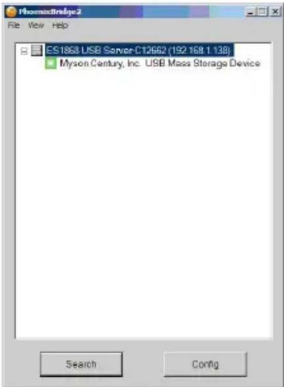 Pharmicbridge2 File View Help ES18GB USB Server-C12662 (192.168.1.139) Myson Century, Inc. USB Mass Storage Device Search Config