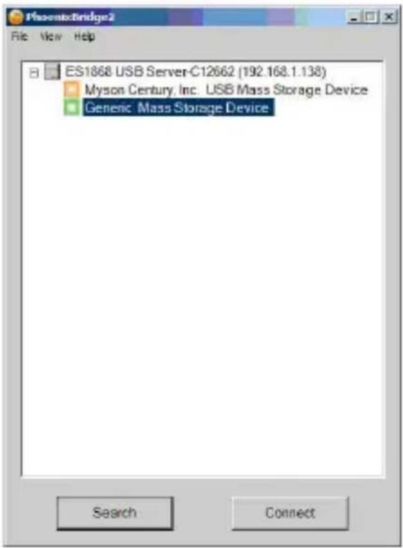 Phoenixbridge2 File View Help ES1868 USB Server-C12662 (192.168.1.138) Myson Century, Inc. USB Mass Storage Device Generic Mass Storage Device Search Connect