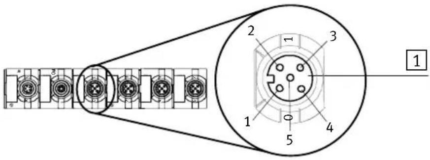 Technical diagram of a mechanical connector assembly with numbered parts and labeled connection points