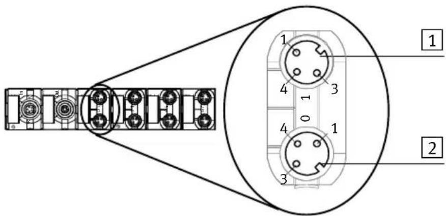 Technical diagram of a connector with labeled parts and internal wiring connections