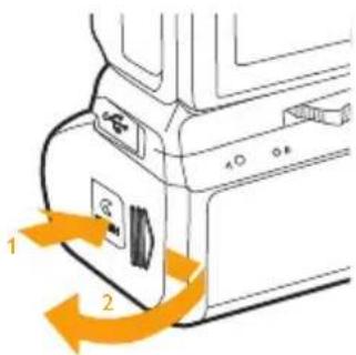 Diagram of a device's door panel with orange arrows indicating clockwise rotation, labeled 1 and 2.