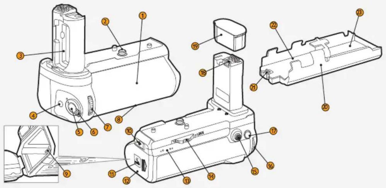 Exploded view diagram of a battery pack with numbered parts for identification and assembly reference.