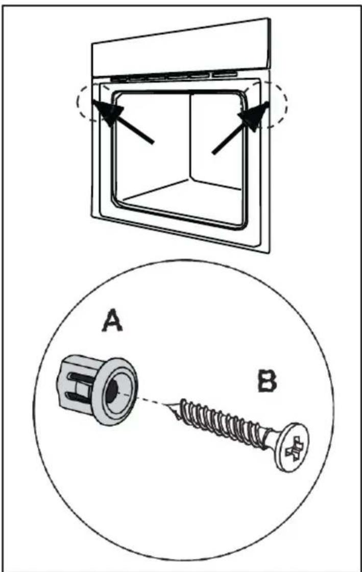 Technical diagram showing a door opening with arrows indicating direction, and a close-up of a screw being inserted into a housing component labeled A and B.
