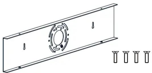 Technical line drawing of a rectangular panel with a central circular component and four separate cylindrical components below (no text or symbols)