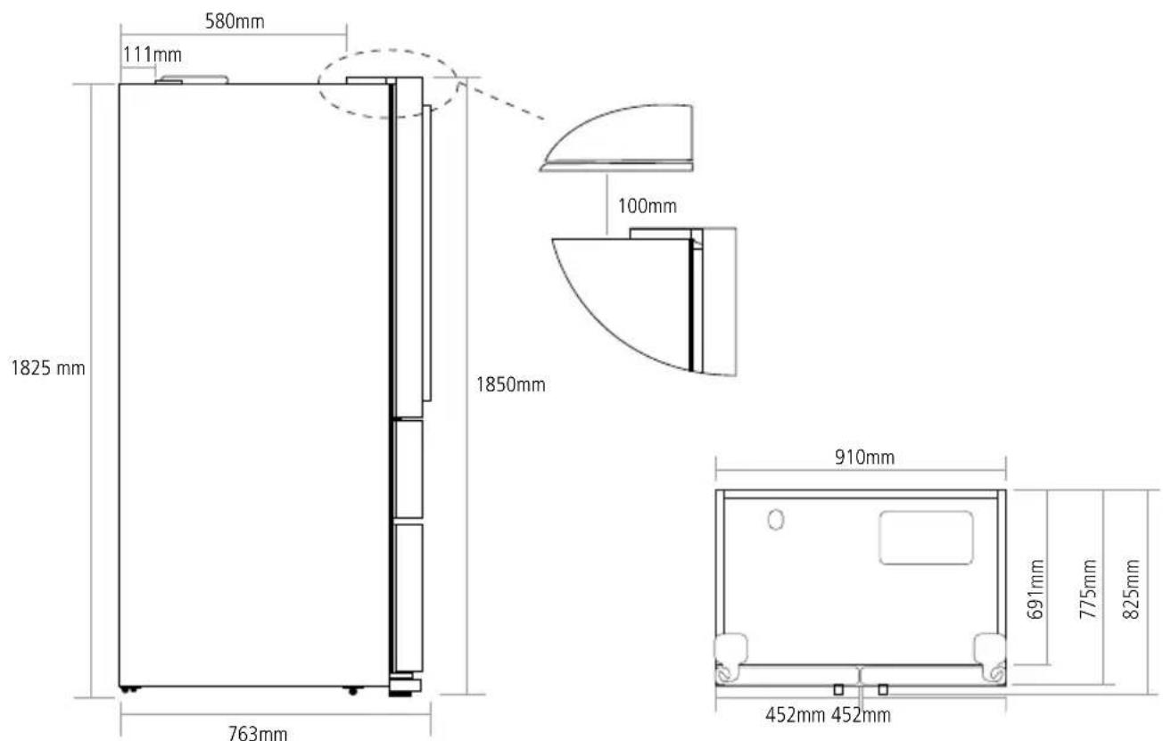 580mm 111mm 1825 mm 763mm 1850mm 100mm 910mm 691mm 775mm 825mm 452mm 452mm