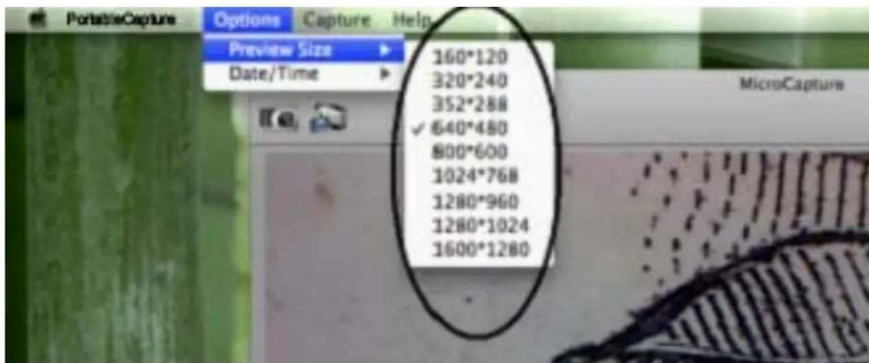 PortableCapture Options Capture Help Preview Size Date/Time 160*120 320*240 352*288 ✓ 640*480 800*600 1024*768 1280*960 1280*1024 1600*1280 MicroCapture