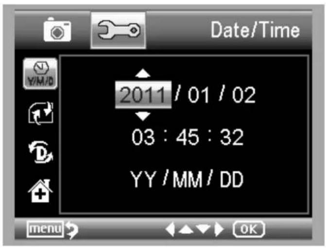 Date/Time 2011 / 01 / 02 03 : 45 : 32 YY / MM / DD menu OK