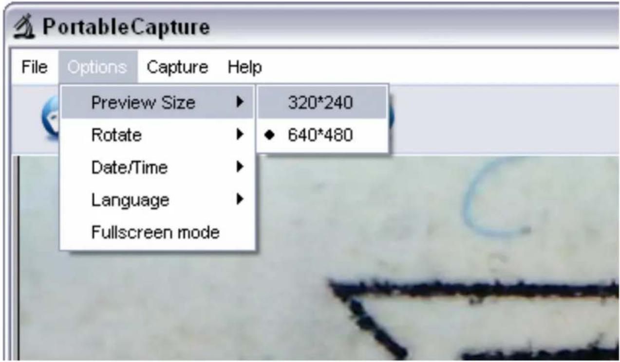 PortableCapture File Options Capture Help Preview Size ▶ 320*240 Rotate ▶ ◆ 640*480 Date/Time ▶ Language ▶ Fullscreen mode
