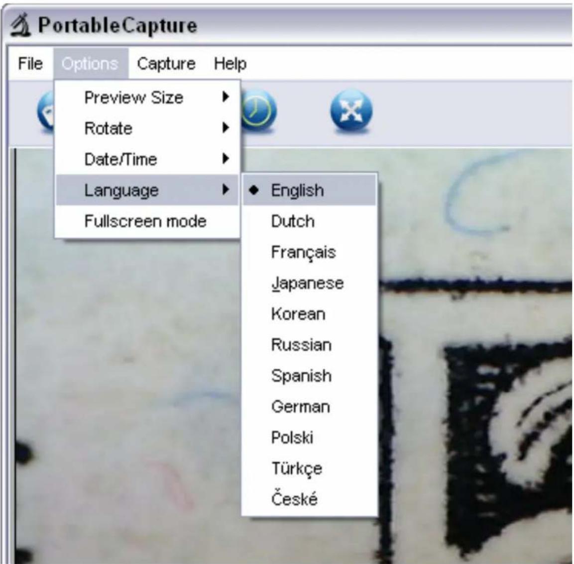 PortableCapture File Options Capture Help Preview Size Rotate Date/Time Language Fullscreen mode English Dutch Français Japanese Korean Russian Spanish German Polski Türkçe České