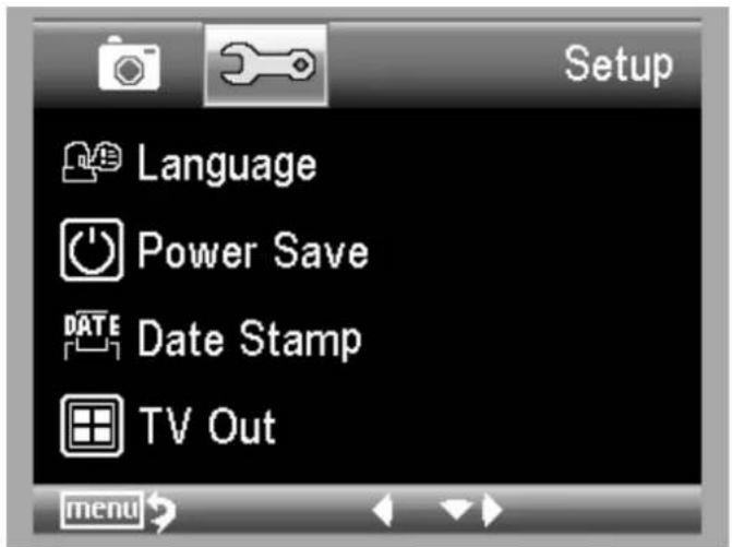 Setup Language Power Save DATE Date Stamp TV Out menu