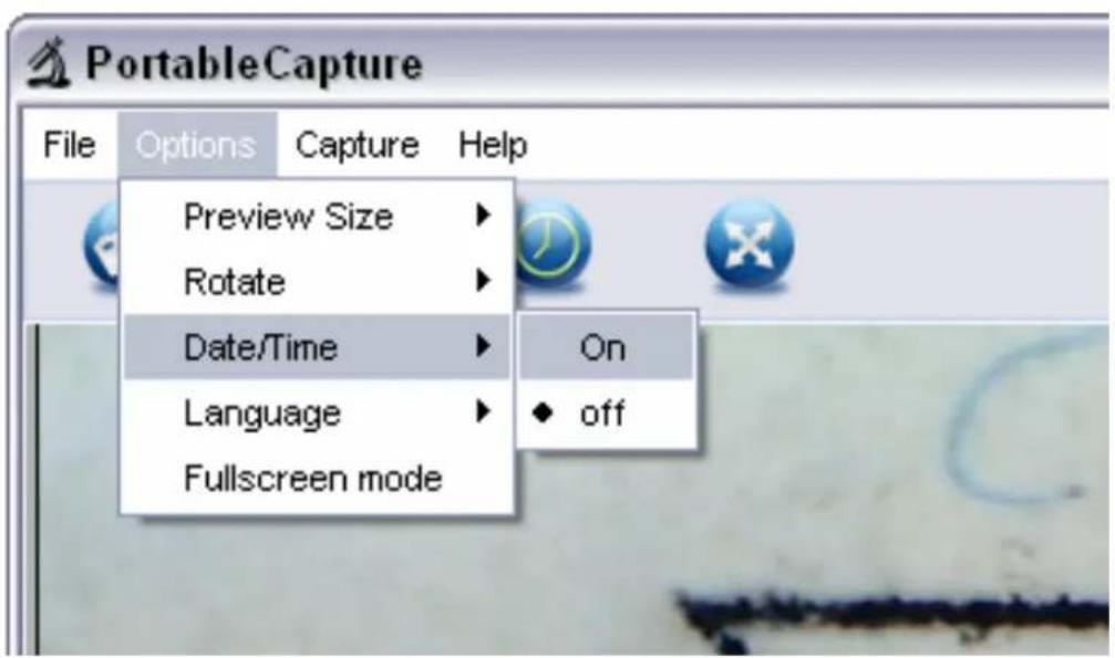 PortableCapture File Options Capture Help Preview Size Rotate Date/Time On Language off Fullscreen mode