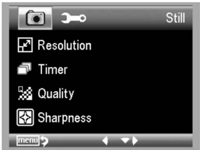 Still Resolution Timer Quality Sharpness menu
