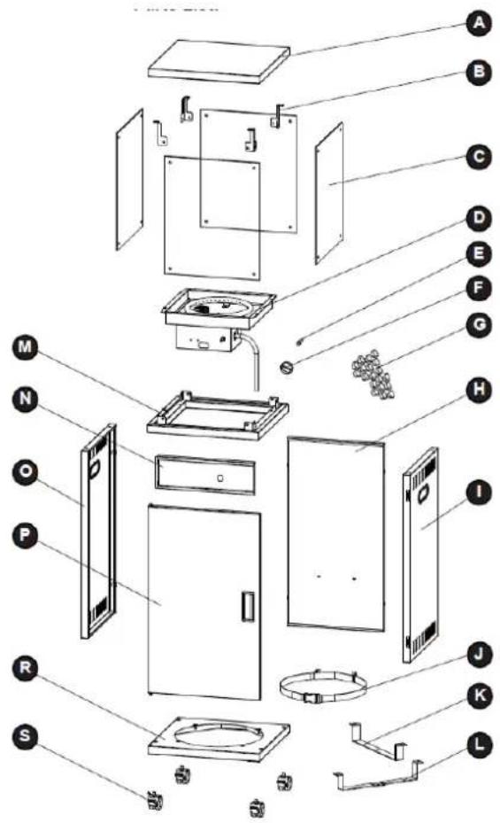 Exploded view diagram of a refrigerator with labeled parts from top to bottom