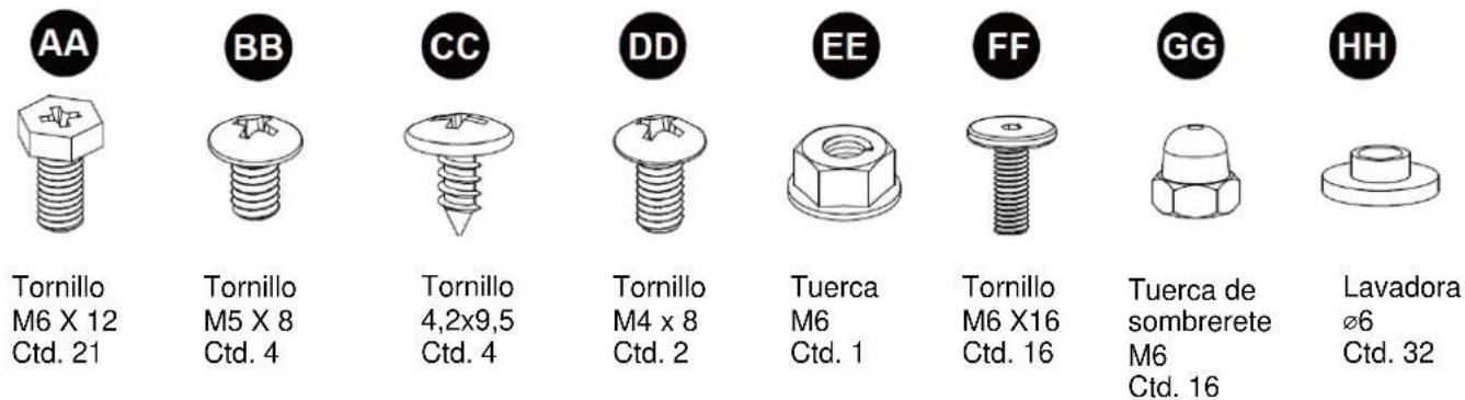 AA Tornillo M6 X 12 Ctd. 21 BB Tornillo M5 X 8 Ctd. 4 CC Tornillo 4,2x9,5 Ctd. 4 DD Tornillo M4 x 8 Ctd. 2 EE Tuerca M6 Ctd. 1 FF Tornillo M6 X16 Ctd. 16 GG Tuerca de sombrerete M6 Ctd. 16 HH Lavadora ø6 Ctd. 32