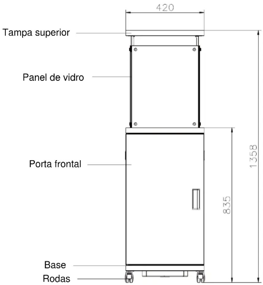 Tampa superior Panel de vidro Porta frontal Base Rodas 420 1358 835