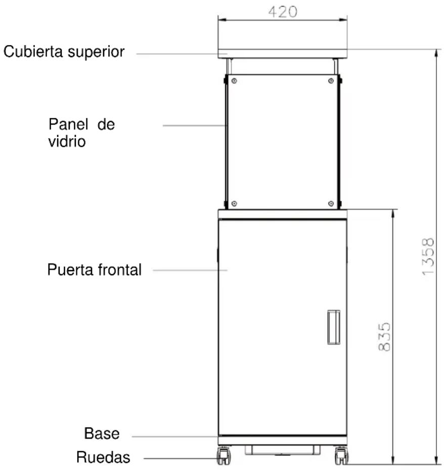 Cubierta superior Panel de vidrio Puerta frontal Base Ruedas 420 1358 835