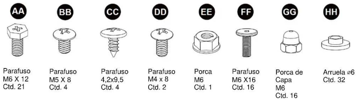 AA Parafuso M6 X 12 Ctd. 21 BB Parafuso M5 X 8 Ctd. 4 CC Parafuso 4,2x9,5 Ctd. 4 DD Parafuso M4 x 8 Ctd. 2 EE Porca M6 Ctd. 1 FF Parafuso M6 X16 Ctd. 16 GG Porca de Capa M6 Ctd. 16 HH Arruela Ø6 Ctd. 32