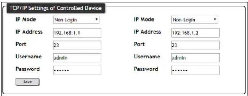TCP/IP Settings of Controlled Device IP Mode Non-Login IP Address 192.168.1.1 Port 23 Username adults Password .......... Save IP Mode Non-Login IP Address 192.168.1.2 Port 23 Username adults Password ..........
