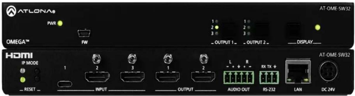 ATLONA® PWR 1 1 2 2 3 3 OMEGA™ FW _ OUTPUT 1 _ OUTPUT 2 _ DISPLAY _ HDMI IP MODE 1 2 3 1 2 L R RX TX + _ RESET _ INPUT _ OUTPUT _ AUDIO OUT RS-232 LAN DC 24V AT-OME-SW32