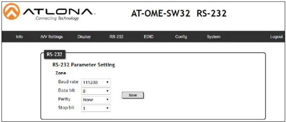 ATLONA Connecting Technology AT-OME-SW32 RS-232 Info AV Settings Display RS-232 EDID Config System Logout RS-232 RS-232 Parameter Setting Zone Baud rate 115200 Data bit 8 Parity None Stop bit 1 Save