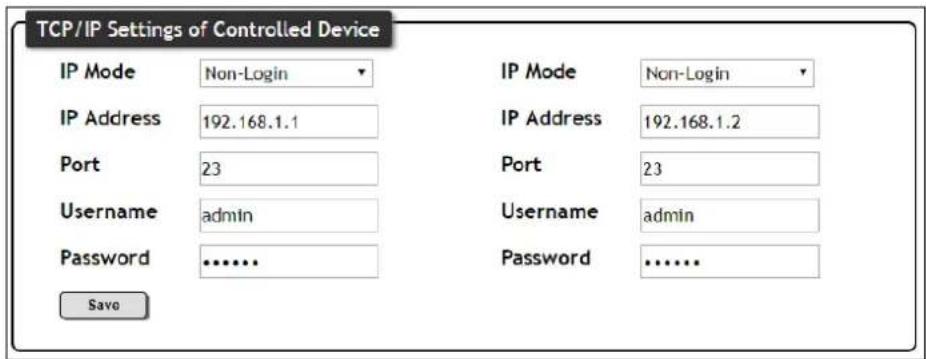 TCP/IP Settings of Controlled Device IP Mode Non-Login IP Address 192.168.1.1 Port 23 Username admin Password .......... Save IP Mode Non-Login IP Address 192.168.1.2 Port 23 Username admin Password ..........