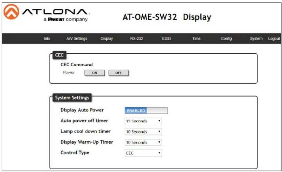 ATLONA a PANDUIT company AT-OME-SW32 Display info A/V Settings Display RS-232 CDID Time Config System Logout CEC CEC Command Power ON OFF System Settings Display Auto Power ENABLED Auto power off timer 15 Seconds Lamp cool down timer 10 Seconds Display Warm-Up Timer 10 Seconds Control Type CEC