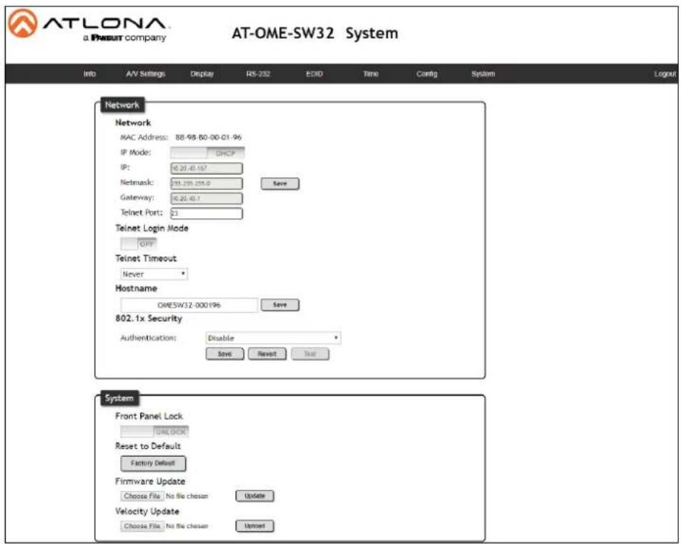 ATLONA a PNSUIT company AT-OME-SW32 System Info A/V Settings Display RS-232 EBITD Time Config System Logout Network Network MAC Address: 88-98-80-00-01-96 IP Mode: DHCP IP: 0.20-0.157 Netmask: 055.255.255.0 Save Gateway: 0.20-0.1 Telnet Port: 23 Telnet Login Mode GFP Telnet Timeout Never Hostname OMESW32-000196 Save 802.1x Security Authentication: Disable Save Reset Test System Front Panel Lock DRUDOR Reset to Default Factory Default Firmware Update Choose File No file chaser Update Velocity Update Choose File No file chaser Update