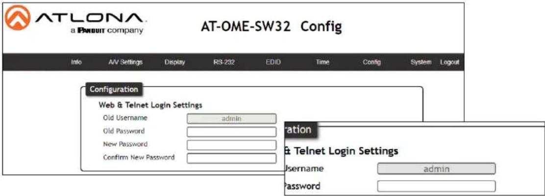 ATLONA a PANDUIT company AT-OME-SW32 Config Info AV Settings Display RS-232 EDID Time Config Systemicker Configuration Web & Telnet Login Settings Old Username adults Old Password New Password Confirm New Password 配置 & Telnet Login Settings Username adults Password