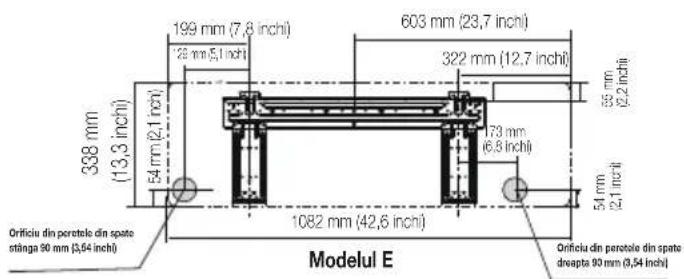 338 mm (13,3 inch) Orificiu din perotale din spate stänga 90 mm (3,64 inch) Modelul E 199 mm (7,8 inch) 28 mm (5,1 inch) 603 mm (23,7 inch) 322 mm (12,7 inch) 73 mm (6,8 inch) 1082 mm (42,6 inch) Orificiu din perotale din spate dreapta 90 mm (9,54 inch) 35 mm (2,2 inch) 54 mm (2,1 inch)