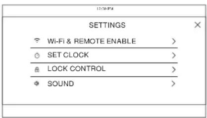 12:30 PM SETTINGS Wi-Fi & REMOTE ENABLE > SET CLOCK > LOCK CONTROL > SOUND >