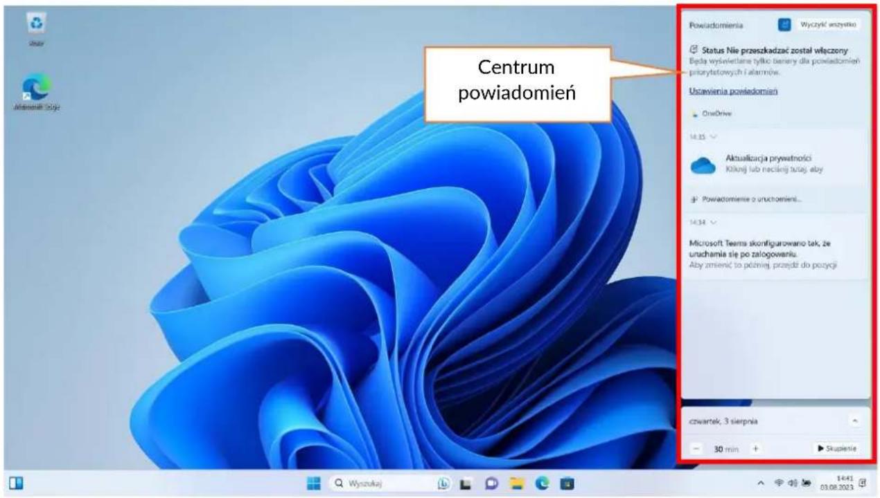 Centrum powiadomień Powyadomienia Wyczykł wszystko Status Nie przeszkadzać został włączony Będa wyświettane tylko benery dla powiadomień priorytstowych i alarmów. Ustawienia powiadomień OneDrive Aktualizacja prywatności Kłókń lub neciśnej tułej aby Powiadomienie o uruchonieni... Microsoft Teams skonfigurowano tek, że uruchamia się po zalogowaniu. Aby zmienić to później przedzi do pozycji czwartek, 3 sierpnia 30 min + Skupienie