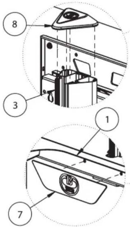 Technical diagram showing labeled components of a device with numbered parts 1, 3, and 7, including a close-up view of the interior panel.