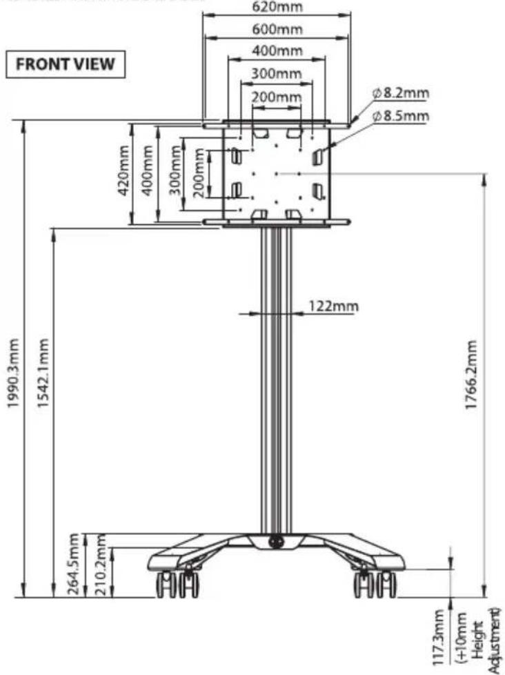 FRONT VIEW 620mm 600mm 400mm 300mm 200mm Ø8.2mm Ø8.5mm 420mm 400mm 300mm 200mm 122mm 1990.3mm 1542.1mm 1766.2mm 264.5mm 210.2mm 117.3mm (+10mm Height Adjustment)