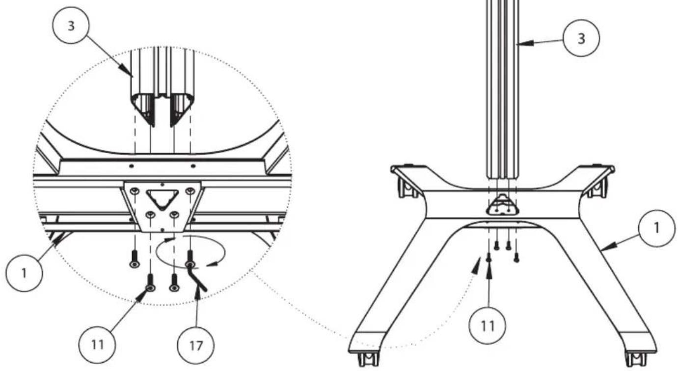 Technical diagram of a mechanical assembly with numbered components and cross-sectional views