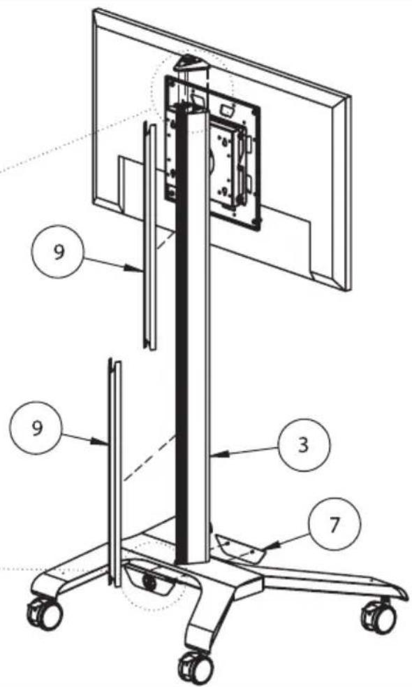 Technical diagram of a TV stand with numbered components and labeled parts