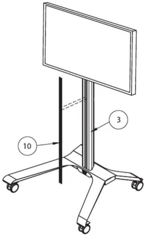 Technical diagram of a mechanical device with labeled parts, including a 3D panel and numbered components.