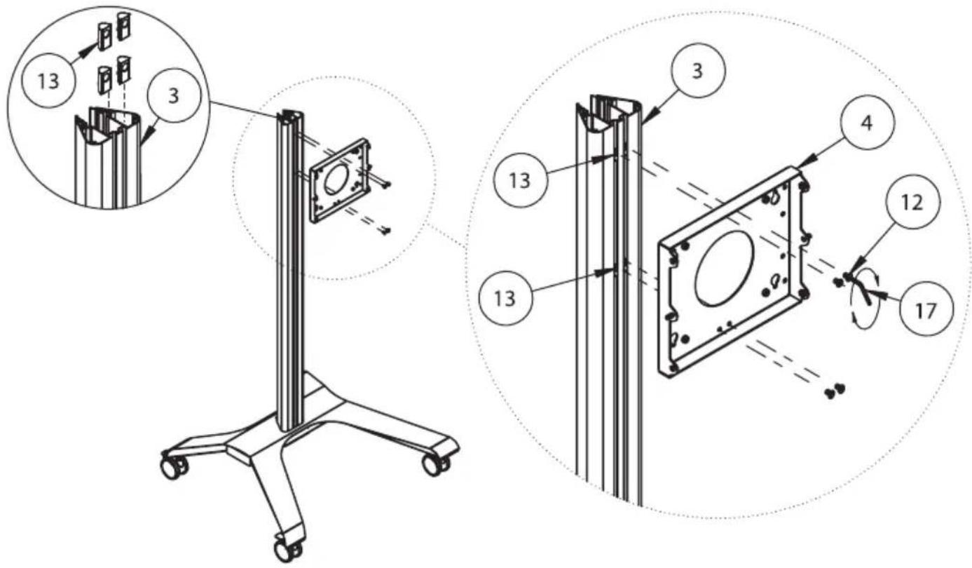 Technical diagram showing assembly steps of a mechanical bracket with numbered components and motion indicators