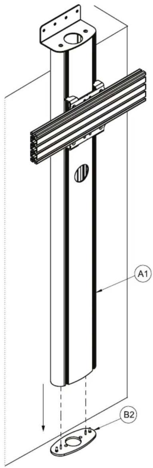 Technical diagram of a mechanical assembly with labeled components A1 and B2, showing structural parts and alignment indicators.