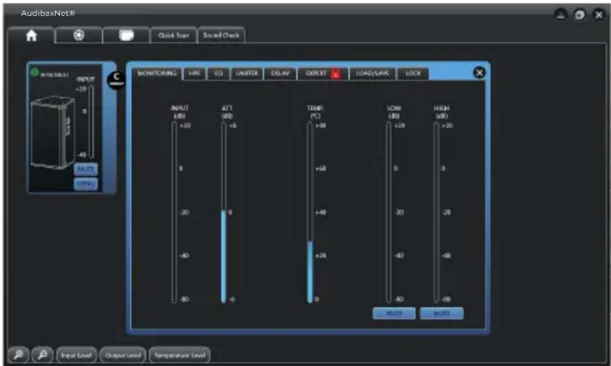 AudibaxNet® Quick Scan Sound Check MONTORING HPE SO UMITR DELAY EXPERT LOAD/SAVE LOCK INPUT +20 0 -40 BUTT Ampo INPUT +30 ATT +60 TEMP. [°C] +98 LOW USB +29 HIGH [dB] +58 0 0 -20 -30 -28 -40 -40 -58 -80 -80 AUTO MORE Input Level Output Level Temperature Level