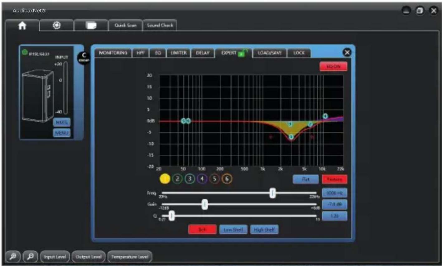 AudibaxNet® Quick Scan Sound Check MOMITORING HPF EQ LIMITER DELAY EXPERT LOADSAVE LOCK EQ ON 20 50 100 200 500 3k 2k 5k 10k 22k Freq 20Hz Gain -1249 Q 0.27 +0.68 +0.68 13 Retina -9006 Hz -7.3 dB 1.29 B4 Low Shell High Shelf Input Level Output Level Temperature Level