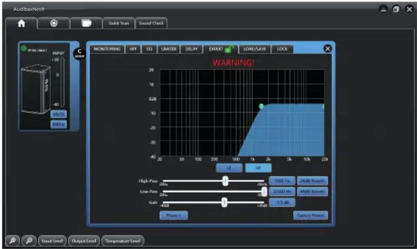 AudibaxNet® Quick Scan Sound Check MOUNTING HFF EQ LIMITER DELAY EXPERT LOAD/SAVE LOOK WARNING! High-Pass 20Hz 20Hz 1500 Hz 24dB-Shoot Low-Pass 20Hz 20Hz 22000 Hz 48dB-Shoot Gain -40dB +20dB -1.5 dB Phase - Factory Filter Input Level Output Level Temperature Level