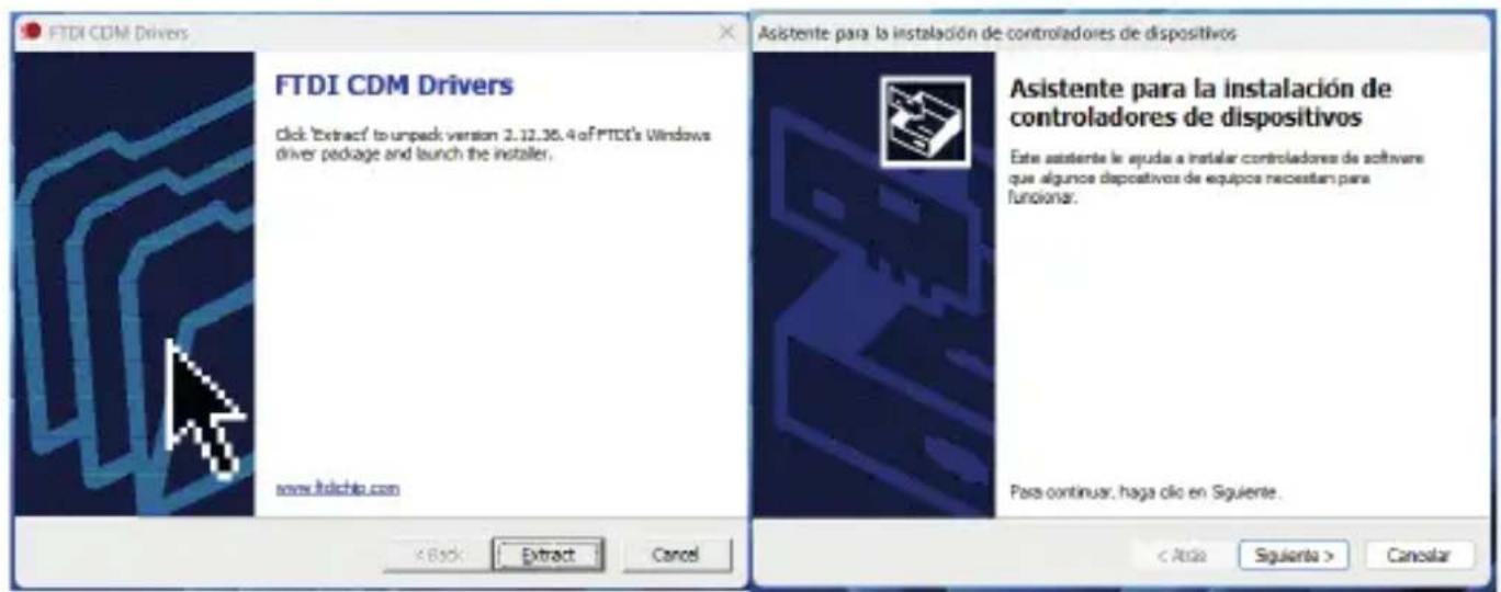 FTDI CDM Drivers FTDI CDM Drivers Click 'Extract' to unpack version 2.12.36.4 of FTDI's Windows driver package and launch the installer. www.ftolchip.com Asistente para la instalación de controladores de dispositivos Asistente para la instalación de controladores de dispositivos Este asistente le ayuda a instalar controladores de softwares que algunos dispositivos de equipos necesitan para funcionar. Para continuar, haga clic en Siguiente.